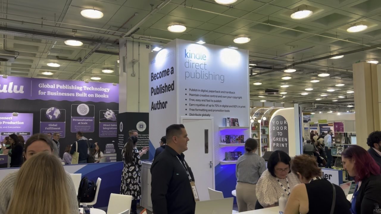 The Kindle Direct Publishing stand at the London Book Fair, with a sign reading Become a Published Author