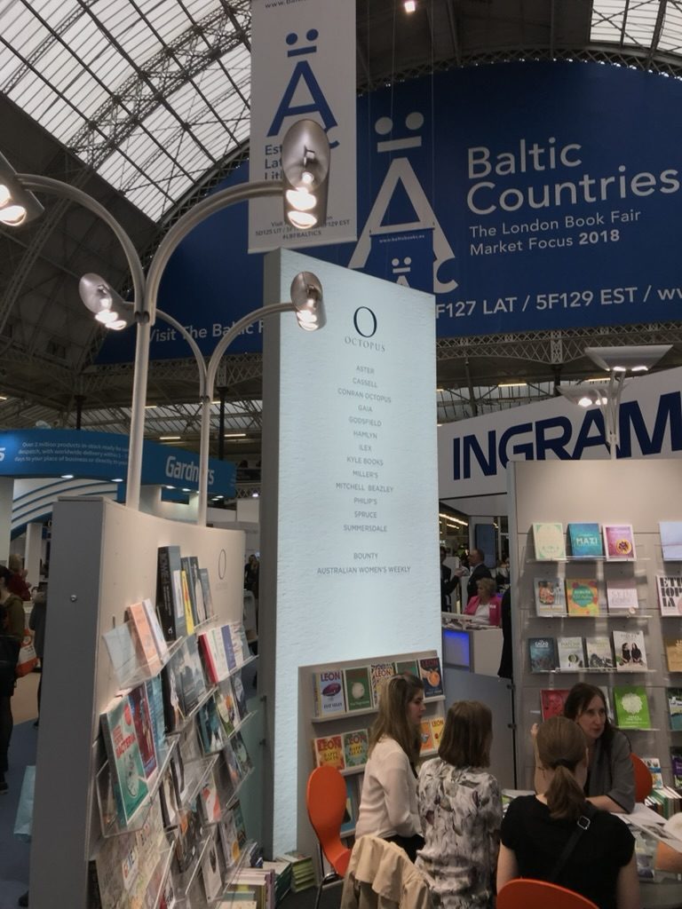The Octopus stand at the London Book Fair in 2018, during the Baltic Countries market focus, listing imprints including Summersdale